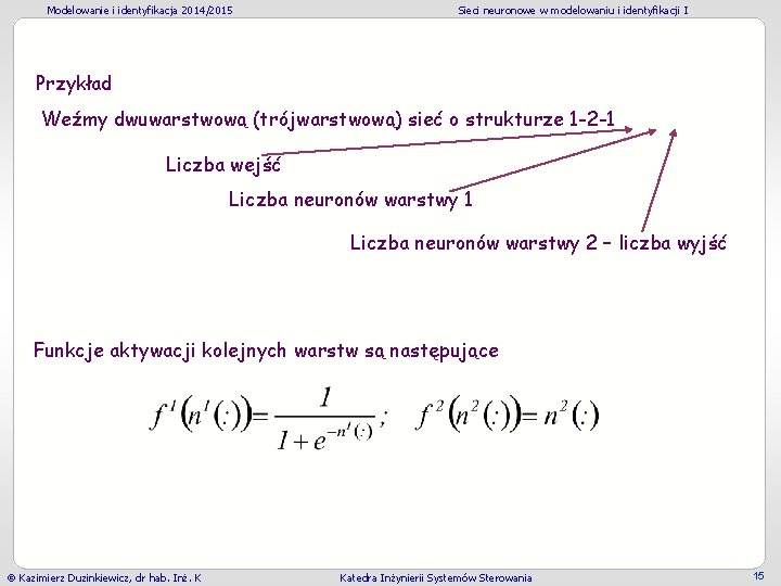 Modelowanie i identyfikacja 2014/2015 Sieci neuronowe w modelowaniu i identyfikacji I Przykład Weźmy dwuwarstwową Modelowanie i identyfikacja 2014/2015 Sieci neuronowe w modelowaniu i identyfikacji I Przykład Weźmy dwuwarstwową