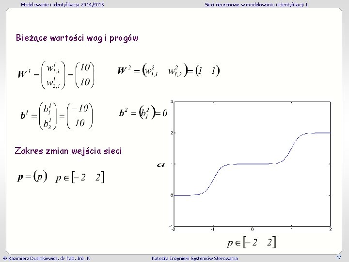 Modelowanie i identyfikacja 2014/2015 Sieci neuronowe w modelowaniu i identyfikacji I Bieżące wartości wag Modelowanie i identyfikacja 2014/2015 Sieci neuronowe w modelowaniu i identyfikacji I Bieżące wartości wag