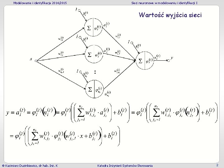 Modelowanie i identyfikacja 2014/2015 Sieci neuronowe w modelowaniu i identyfikacji I Wartość wyjścia sieci Modelowanie i identyfikacja 2014/2015 Sieci neuronowe w modelowaniu i identyfikacji I Wartość wyjścia sieci