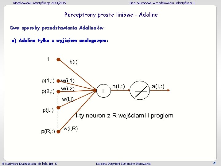 Modelowanie i identyfikacja 2014/2015 Sieci neuronowe w modelowaniu i identyfikacji I Perceptrony proste liniowe Modelowanie i identyfikacja 2014/2015 Sieci neuronowe w modelowaniu i identyfikacji I Perceptrony proste liniowe
