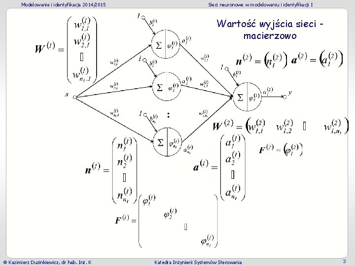 Modelowanie i identyfikacja 2014/2015 Sieci neuronowe w modelowaniu i identyfikacji I Wartość wyjścia sieci Modelowanie i identyfikacja 2014/2015 Sieci neuronowe w modelowaniu i identyfikacji I Wartość wyjścia sieci