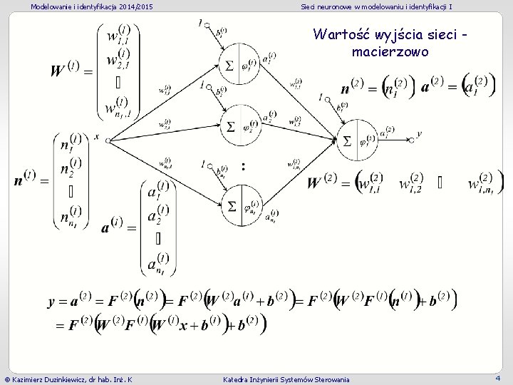Modelowanie i identyfikacja 2014/2015 Sieci neuronowe w modelowaniu i identyfikacji I Wartość wyjścia sieci Modelowanie i identyfikacja 2014/2015 Sieci neuronowe w modelowaniu i identyfikacji I Wartość wyjścia sieci