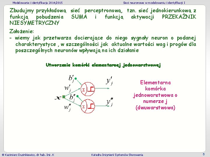 Modelowanie i identyfikacja 2014/2015 Sieci neuronowe w modelowaniu i identyfikacji I Zbudujmy przykładową sieć Modelowanie i identyfikacja 2014/2015 Sieci neuronowe w modelowaniu i identyfikacji I Zbudujmy przykładową sieć