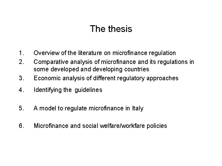 The thesis 1. 2. 3. Overview of the literature on microfinance regulation Comparative analysis