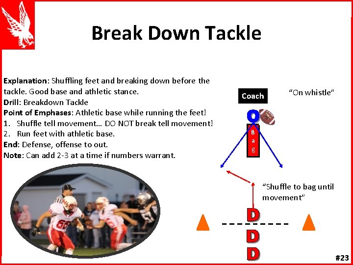 Break Down Tackle Explanation: Shuffling feet and breaking down before the tackle. Good base