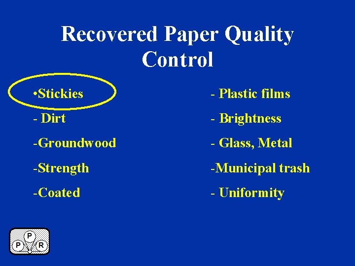 Recovered Paper Quality Control • Stickies - Plastic films - Dirt - Brightness -Groundwood