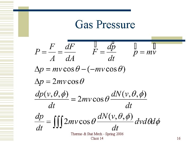 Gas Pressure Thermo & Stat Mech - Spring 2006 Class 14 16 