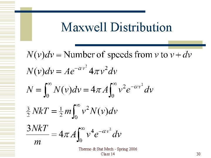 Maxwell Distribution Thermo & Stat Mech - Spring 2006 Class 14 30 