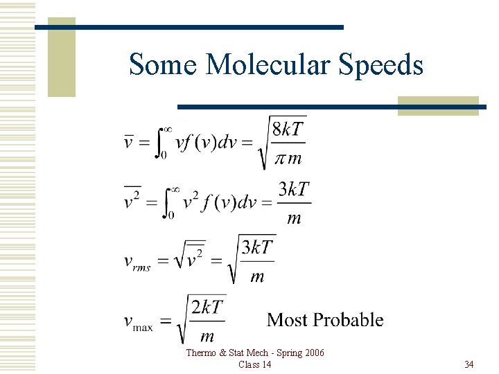 Some Molecular Speeds Thermo & Stat Mech - Spring 2006 Class 14 34 