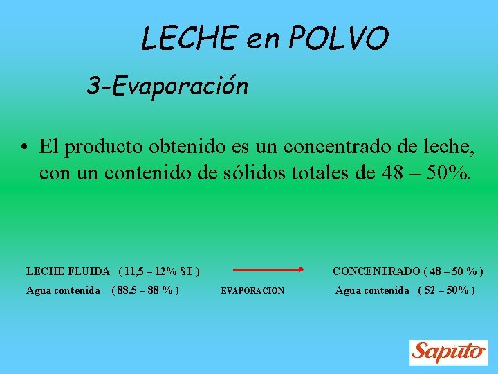 LECHE en POLVO 3 -Evaporación • El producto obtenido es un concentrado de leche,