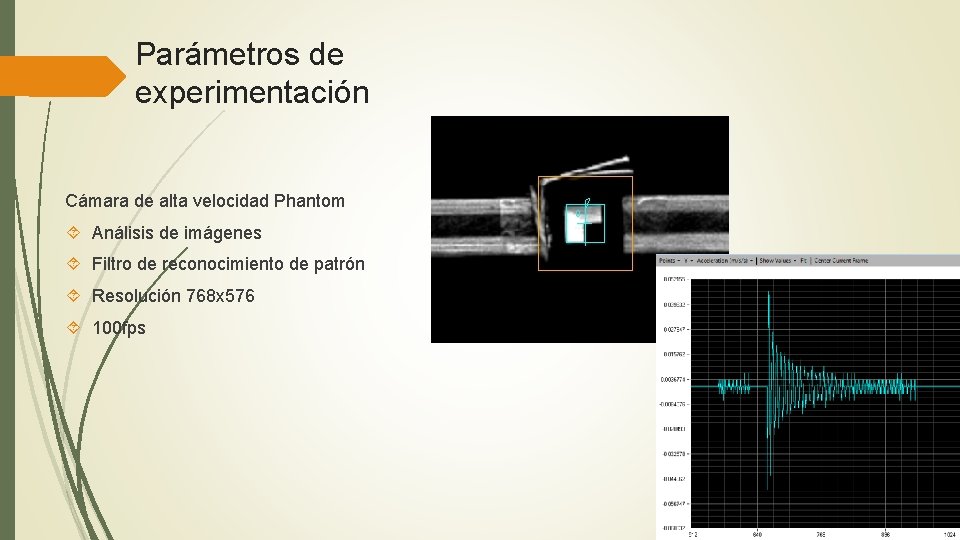 Parámetros de experimentación Cámara de alta velocidad Phantom Análisis de imágenes Filtro de reconocimiento