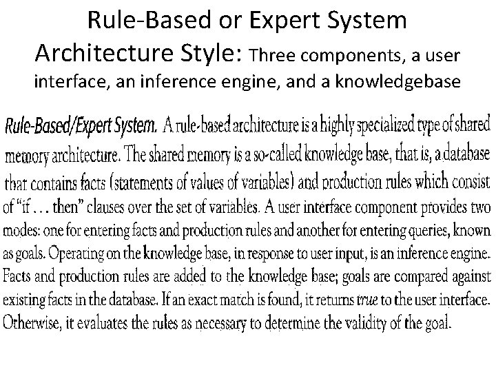 Rule-Based or Expert System Architecture Style: Three components, a user interface, an inference engine,