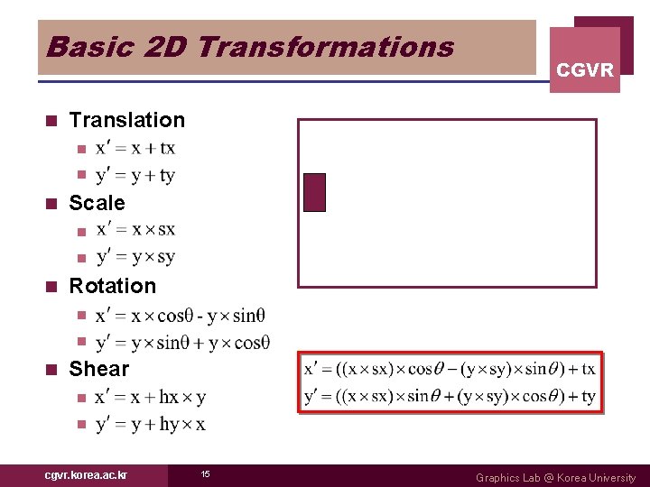 Basic 2 D Transformations n CGVR Translation n Scale n n n Rotation n