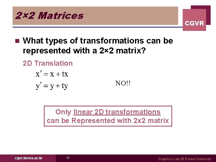 2× 2 Matrices n CGVR What types of transformations can be represented with a