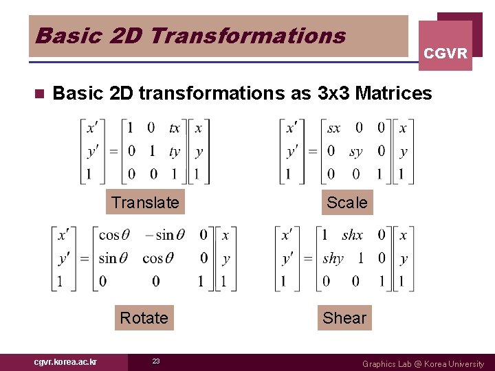 Basic 2 D Transformations n CGVR Basic 2 D transformations as 3 x 3