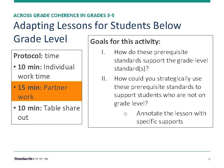 ACROSS GRADE COHERENCE IN GRADES 3 -5 Adapting Lessons for Students Below Grade Level