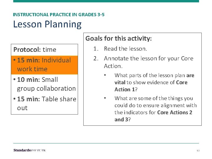 INSTRUCTIONAL PRACTICE IN GRADES 3 -5 Lesson Planning Goals for this activity: Protocol: time