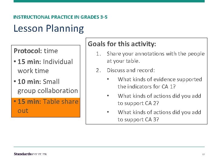 INSTRUCTIONAL PRACTICE IN GRADES 3 -5 Lesson Planning Protocol: time • 15 min: Individual
