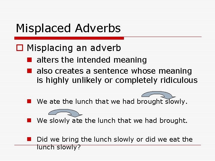 Misplaced Adverbs o Misplacing an adverb n alters the intended meaning n also creates