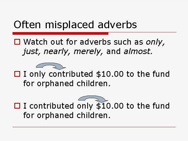 Often misplaced adverbs o Watch out for adverbs such as only, just, nearly, merely,