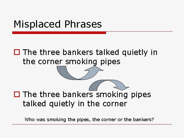 Misplaced Phrases o The three bankers talked quietly in the corner smoking pipes o