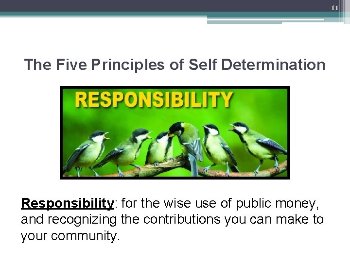 11 The Five Principles of Self Determination Responsibility: for the wise use of public