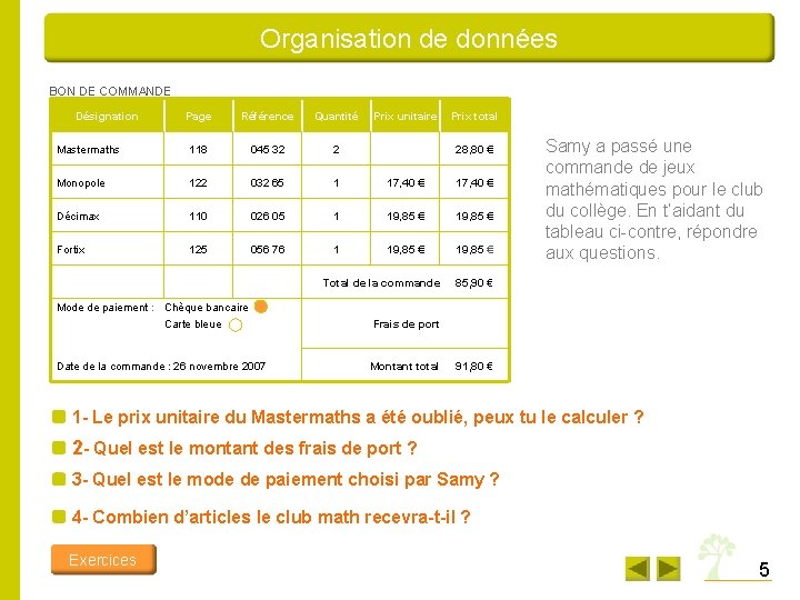 Organisation de données BON DE COMMANDE Désignation Page Référence Quantité Mastermaths 118 045 32 Organisation de données BON DE COMMANDE Désignation Page Référence Quantité Mastermaths 118 045 32