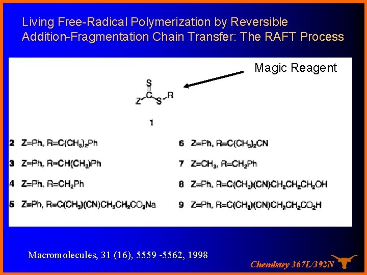 Living Free-Radical Polymerization by Reversible Addition-Fragmentation Chain Transfer: The RAFT Process Magic Reagent Macromolecules,