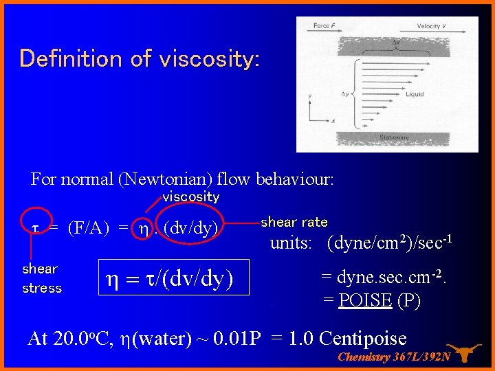 Definition of viscosity: For normal (Newtonian) flow behaviour: viscosity t = (F/A) = h.