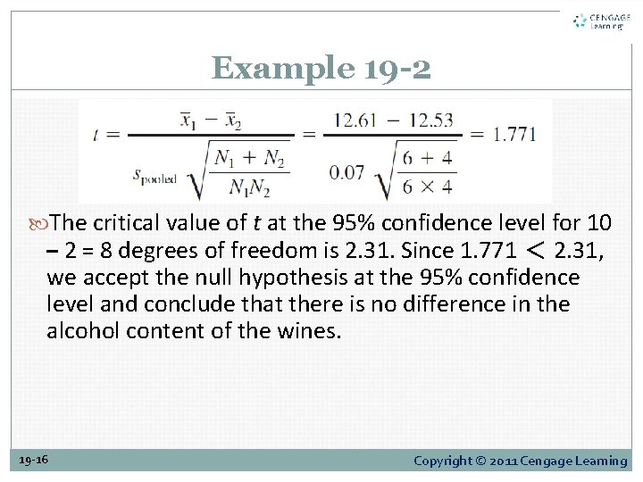 Example 19 -2 The critical value of t at the 95% confidence level for Example 19 -2 The critical value of t at the 95% confidence level for