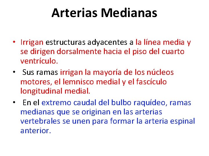 Arterias Medianas • Irrigan estructuras adyacentes a la línea media y se dirigen dorsalmente Arterias Medianas • Irrigan estructuras adyacentes a la línea media y se dirigen dorsalmente