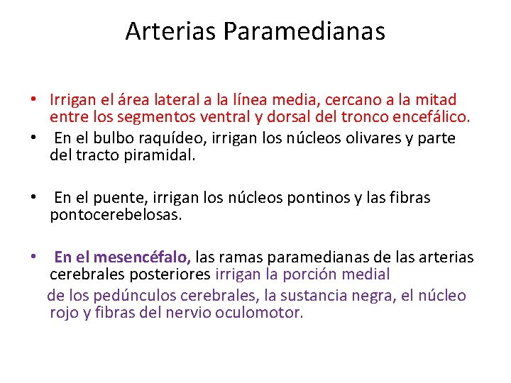 Arterias Paramedianas • Irrigan el área lateral a la línea media, cercano a la Arterias Paramedianas • Irrigan el área lateral a la línea media, cercano a la