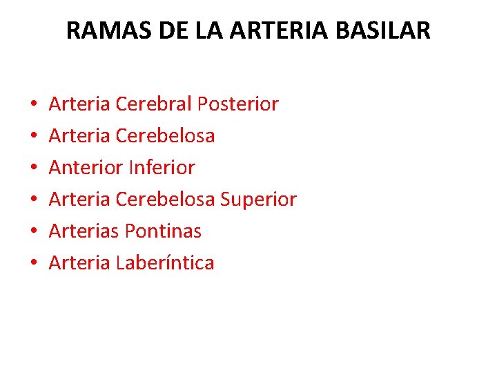 RAMAS DE LA ARTERIA BASILAR • • • Arteria Cerebral Posterior Arteria Cerebelosa Anterior RAMAS DE LA ARTERIA BASILAR • • • Arteria Cerebral Posterior Arteria Cerebelosa Anterior