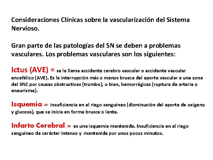 Consideraciones Clínicas sobre la vascularización del Sistema Nervioso. Gran parte de las patologías del Consideraciones Clínicas sobre la vascularización del Sistema Nervioso. Gran parte de las patologías del