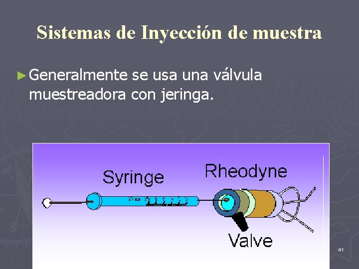 Sistemas de Inyección de muestra ► Generalmente se usa una válvula muestreadora con jeringa.