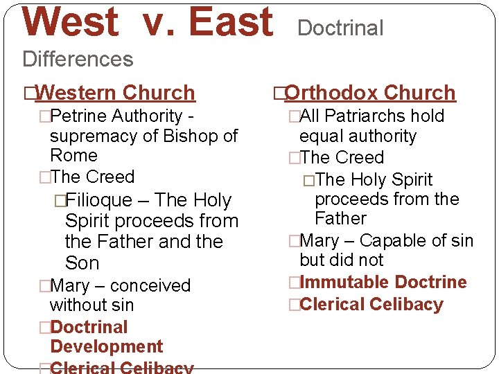 West v. East Doctrinal Differences �Western Church �Petrine Authority - supremacy of Bishop of
