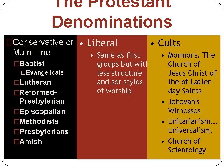 The Protestant Denominations �Conservative or Main Line �Baptist �Evangelicals �Lutheran �Reformed- Presbyterian �Episcopalian �Methodists