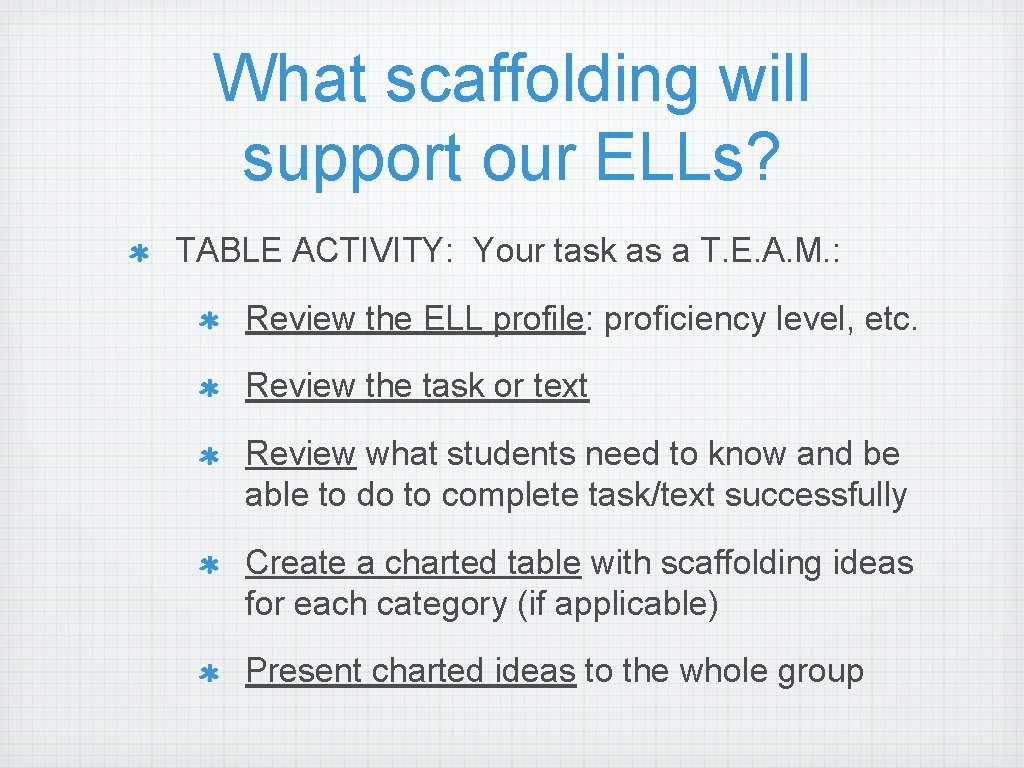 What scaffolding will support our ELLs? TABLE ACTIVITY: Your task as a T. E. What scaffolding will support our ELLs? TABLE ACTIVITY: Your task as a T. E.
