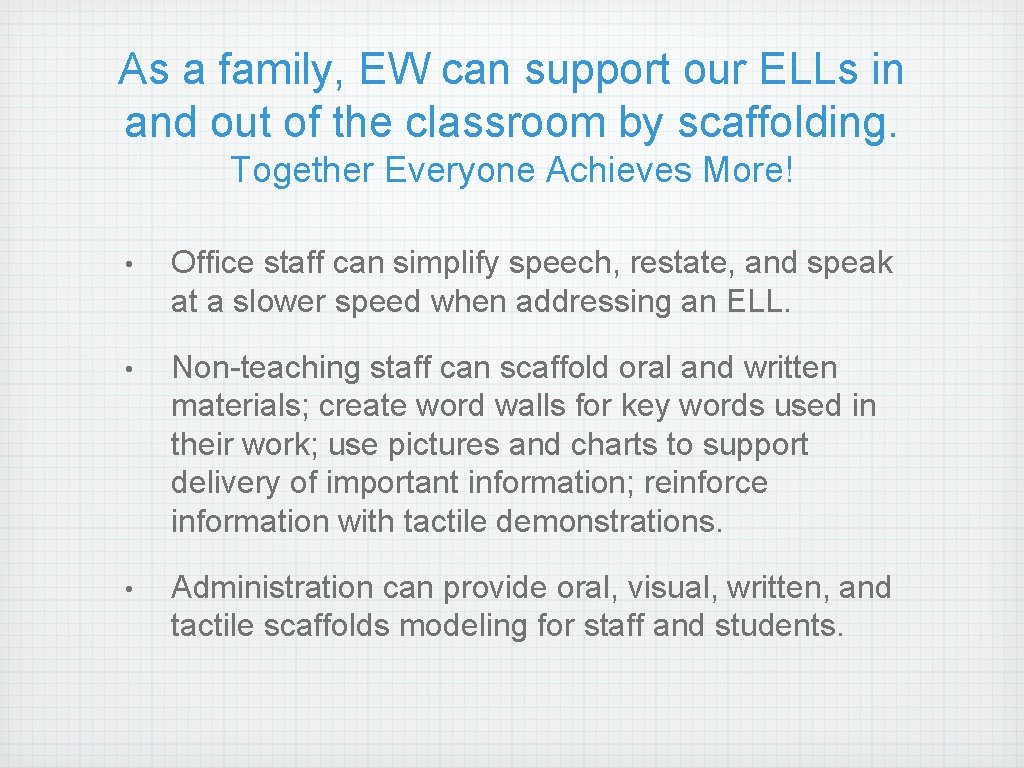 As a family, EW can support our ELLs in and out of the classroom As a family, EW can support our ELLs in and out of the classroom