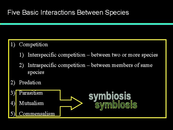 Five Basic Interactions Between Species 1) Competition 1) Interspecific competition – between two or