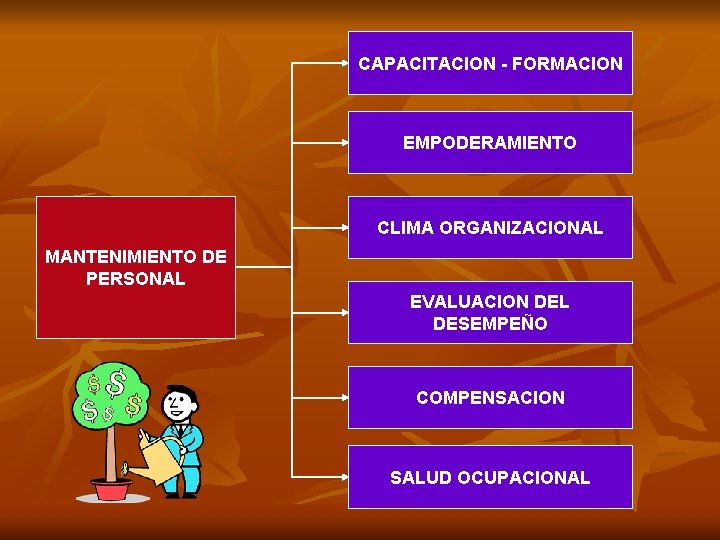 CAPACITACION - FORMACION EMPODERAMIENTO CLIMA ORGANIZACIONAL MANTENIMIENTO DE PERSONAL EVALUACION DEL DESEMPEÑO COMPENSACION SALUD