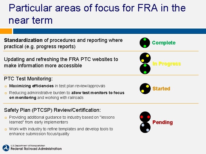 Particular areas of focus for FRA in the near term Standardization of procedures and