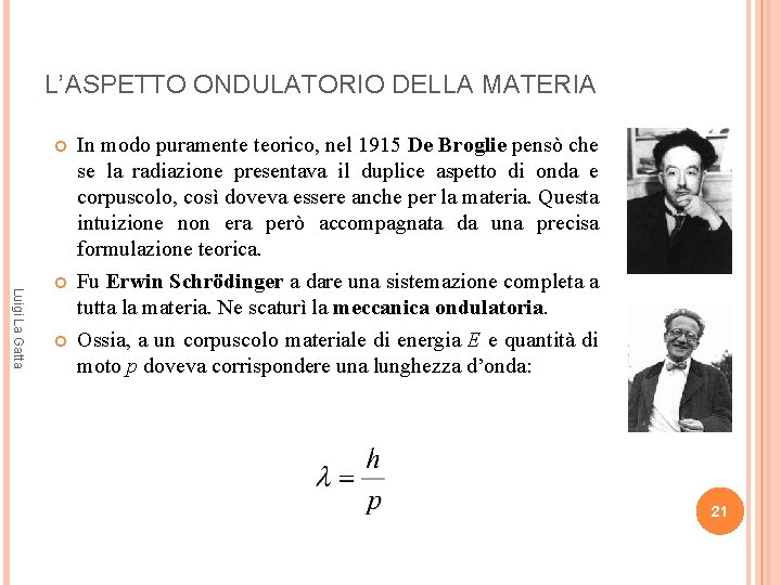 L’ASPETTO ONDULATORIO DELLA MATERIA Luigi La Gatta In modo puramente teorico, nel 1915 De