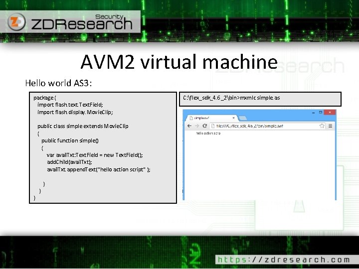 AVM 2 virtual machine Hello world AS 3: package { import flash. text. Text.