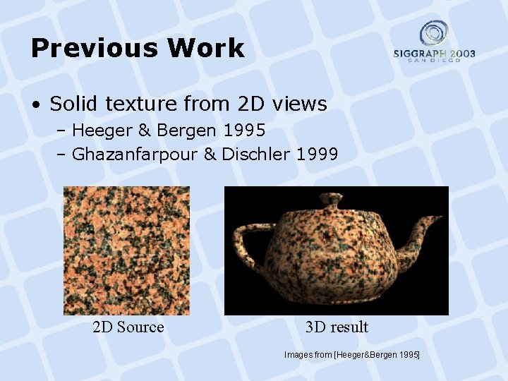 Previous Work • Solid texture from 2 D views – Heeger & Bergen 1995