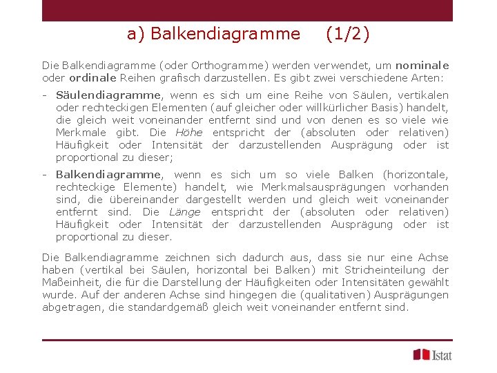 a) Balkendiagramme (1/2) Die Balkendiagramme (oder Orthogramme) werden verwendet, um nominale oder ordinale Reihen