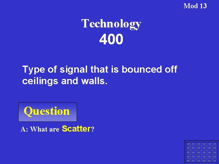 Mod 13 Technology 400 Type of signal that is bounced off ceilings and walls.