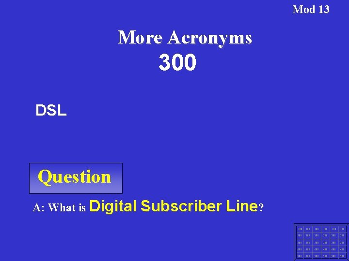 Mod 13 More Acronyms 300 DSL Question A: What is Digital Subscriber Line? 100