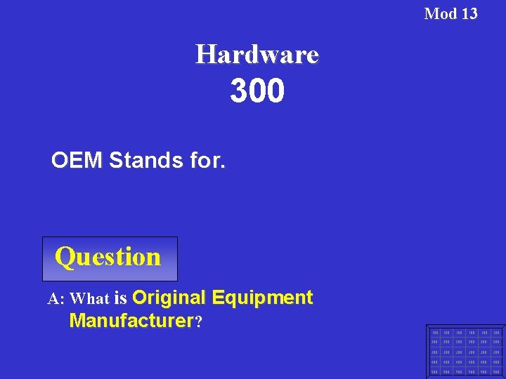 Mod 13 Hardware 300 OEM Stands for. Question A: What is Original Equipment Manufacturer?