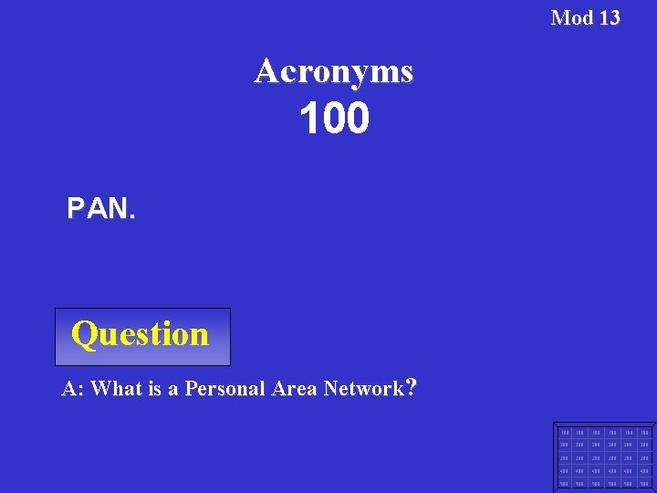 Mod 13 Acronyms 100 PAN. Question A: What is a Personal Area Network? 100